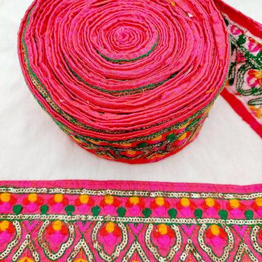 Deep Pink Fabric Trim With Green, Fuchsia Pink, Red And Orange Embroidery and Gold Sequins